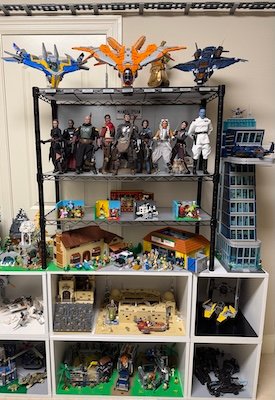 Hobby Room second half of LEGO wall with cubicles and shelves